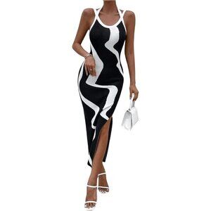 GORGLITTER Women's Bodycon Sweater Dress Black and white Sleeveless  Maxi Dress